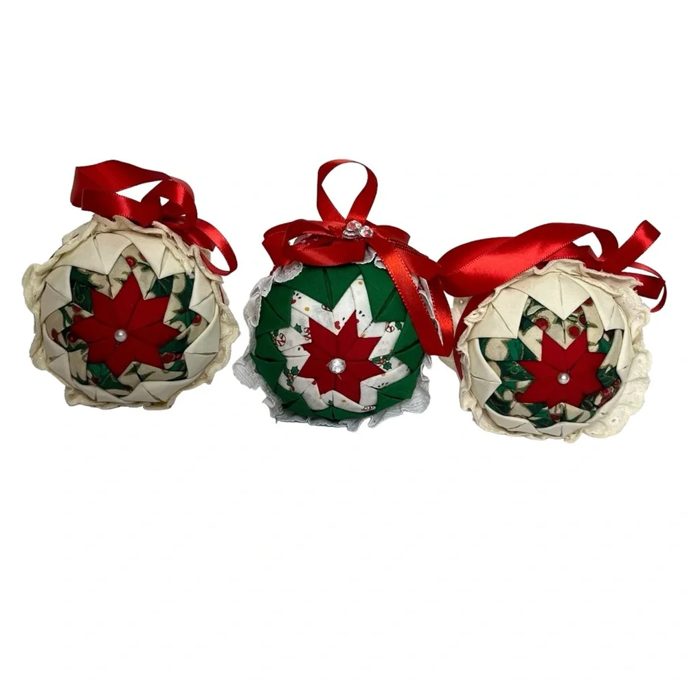 Vintage Handmade Folded Fabric Multicolor Christmas Ball‎ Ornaments Set of 7